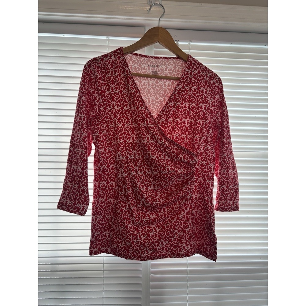 Talbots Red Wrap Top M Filigree Pattern Cottage Core Prairie Blouse